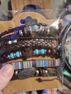 Boho Multi-Strand Brown Leather & Turquoise Beaded Bracelet Set